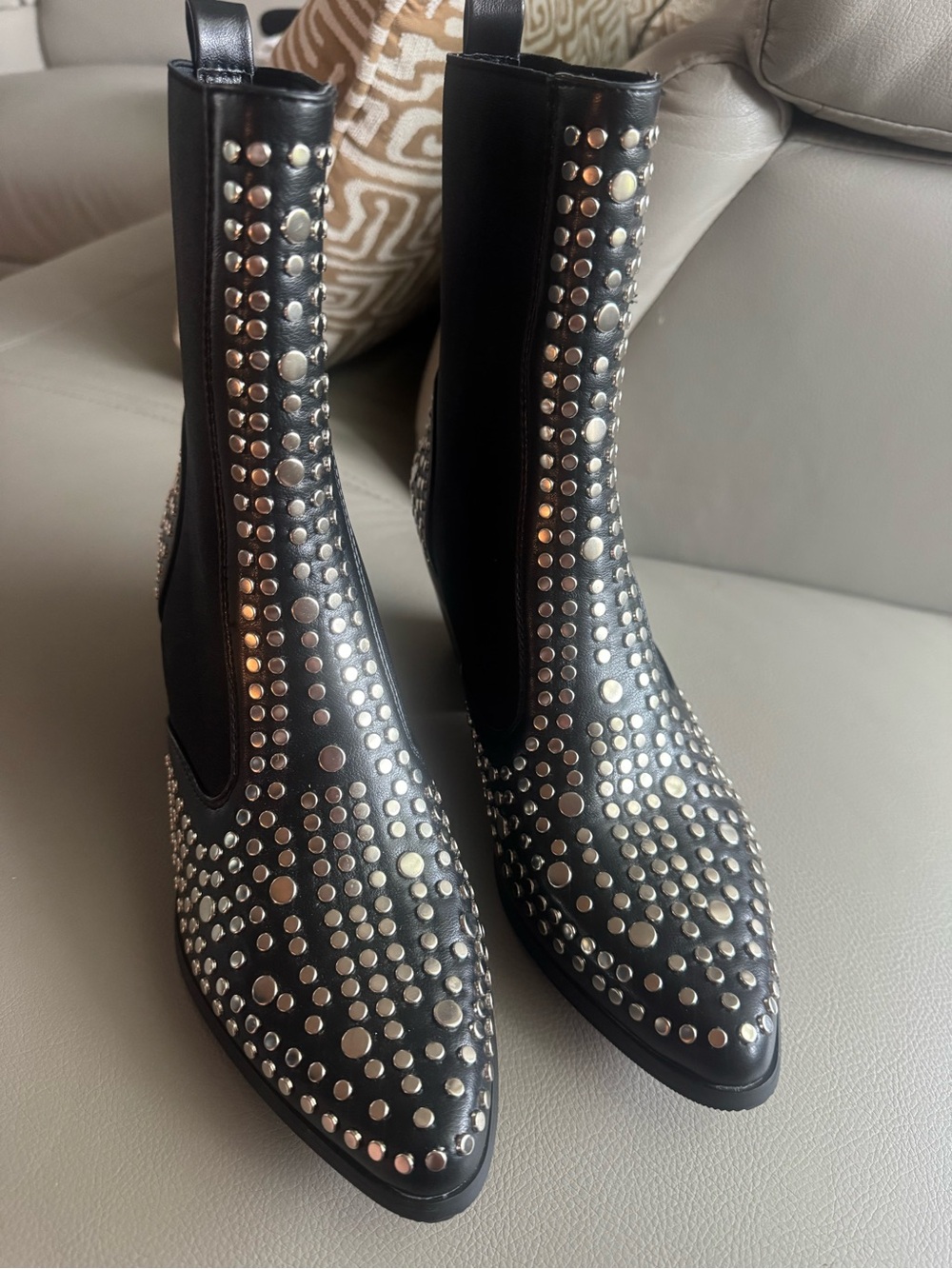 Black Studded Pointed Toe Chelsea Boots - Women